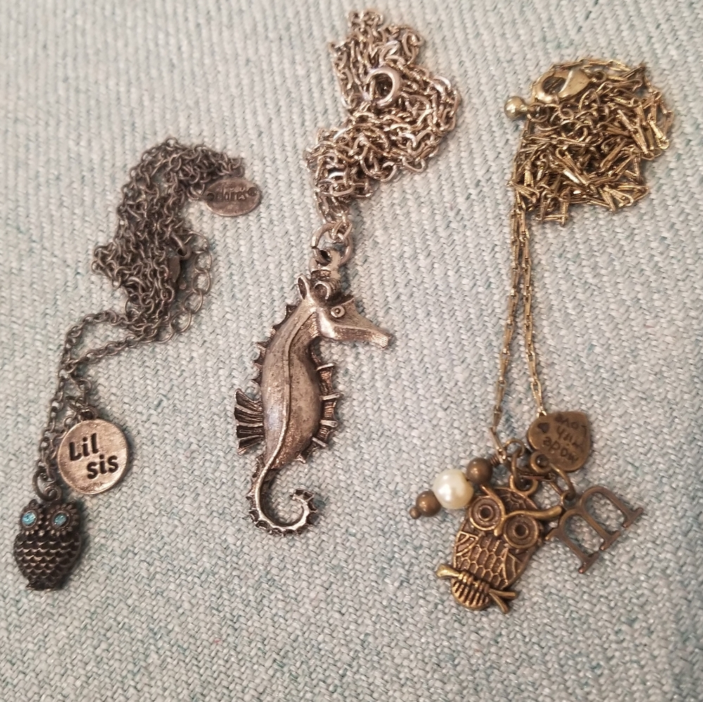 Owl & Sea horse necklaces 3 pieces boho beach spring multiple tones